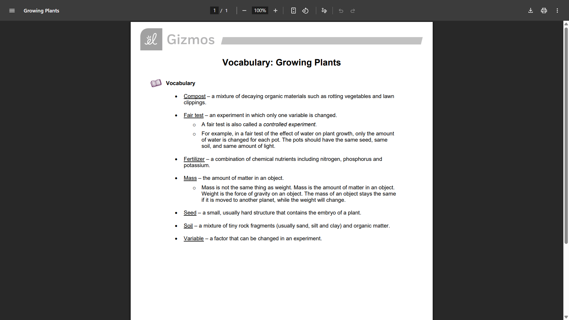 Gizmos 科學探索互動實驗室- 單元單字
